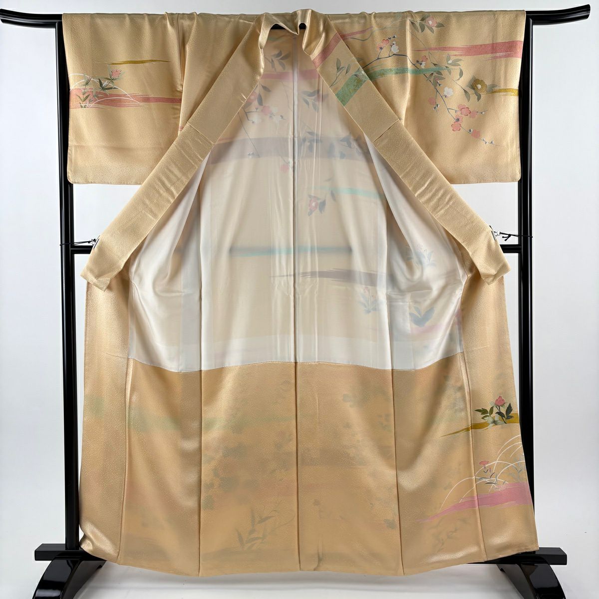 訪問服 身長162cm 袖長65cm M 雙層 牡丹 菊花 金彩裝飾 刺繡 淺橙色 純蠶絲 優品級