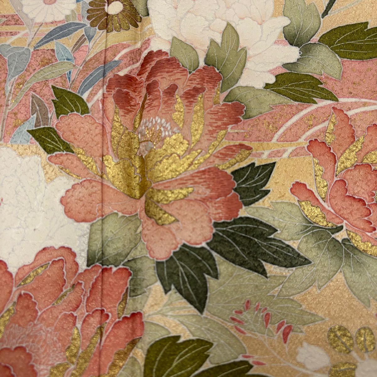 訪問服 身長162cm 袖長65cm M 雙層 牡丹 菊花 金彩裝飾 刺繡 淺橙色 純蠶絲 優品級