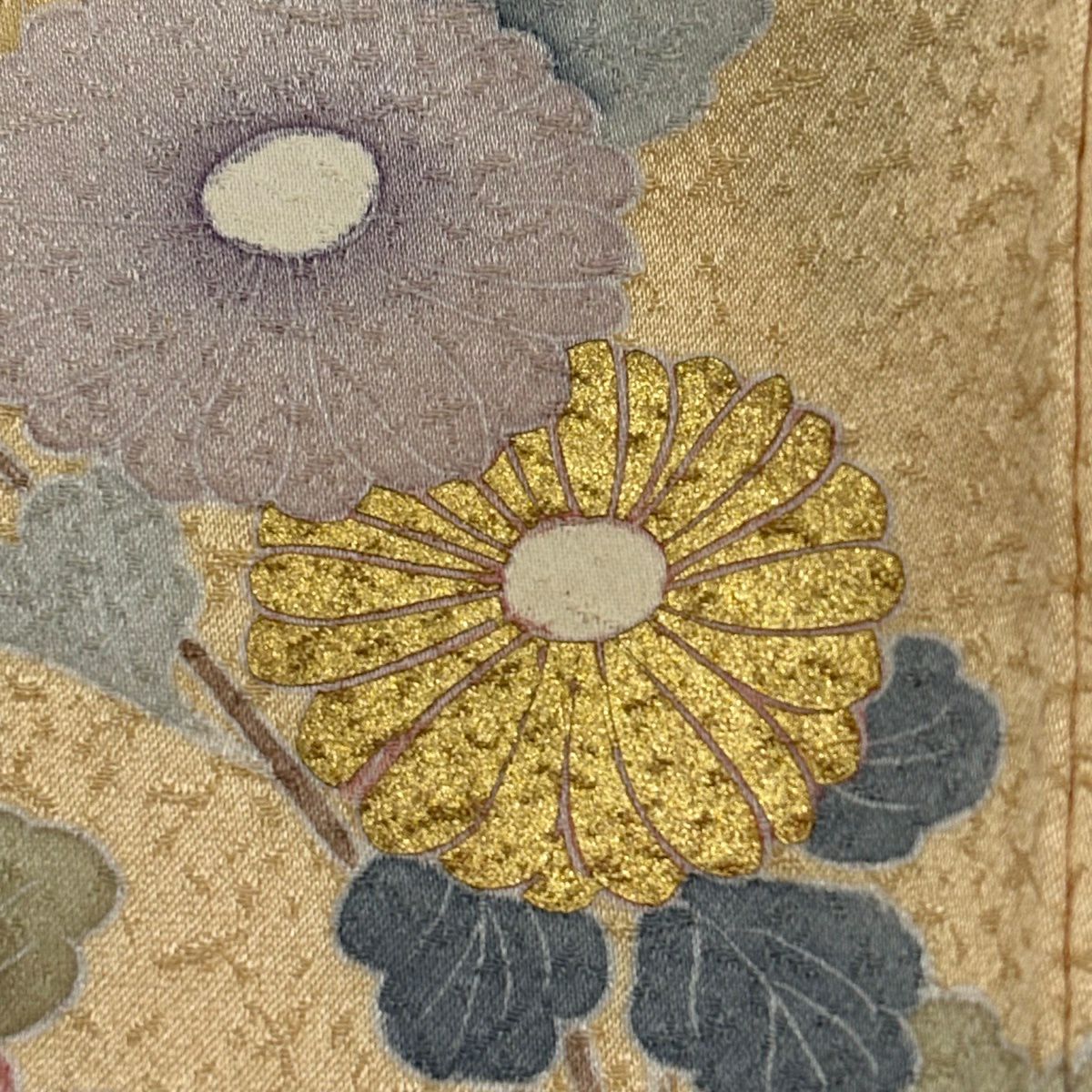 訪問服 身長162cm 袖長65cm M 雙層 牡丹 菊花 金彩裝飾 刺繡 淺橙色 純蠶絲 優品級