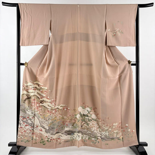 色留袖禮服 身長161.5cm 袖長65cm M 雙層 松樹 鳥 金絲 金銀彩 粉米色 純蠶絲 秀品級 一個紋