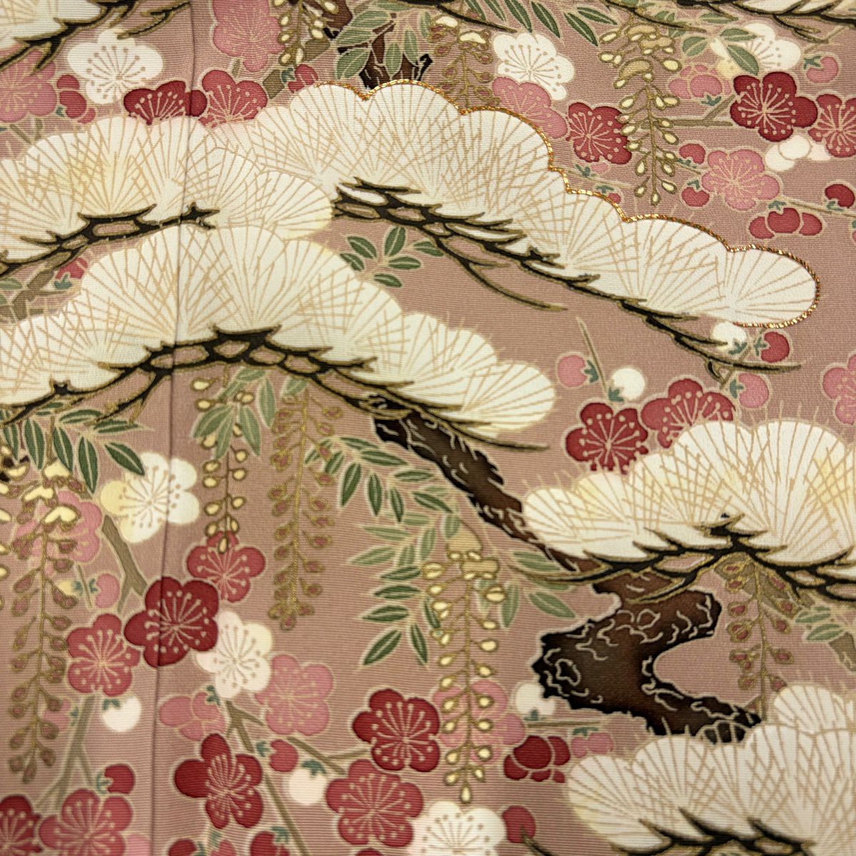 色留袖禮服 身長161.5cm 袖長65cm M 雙層 松樹 鳥 金絲 金銀彩 粉米色 純蠶絲 秀品級 一個紋