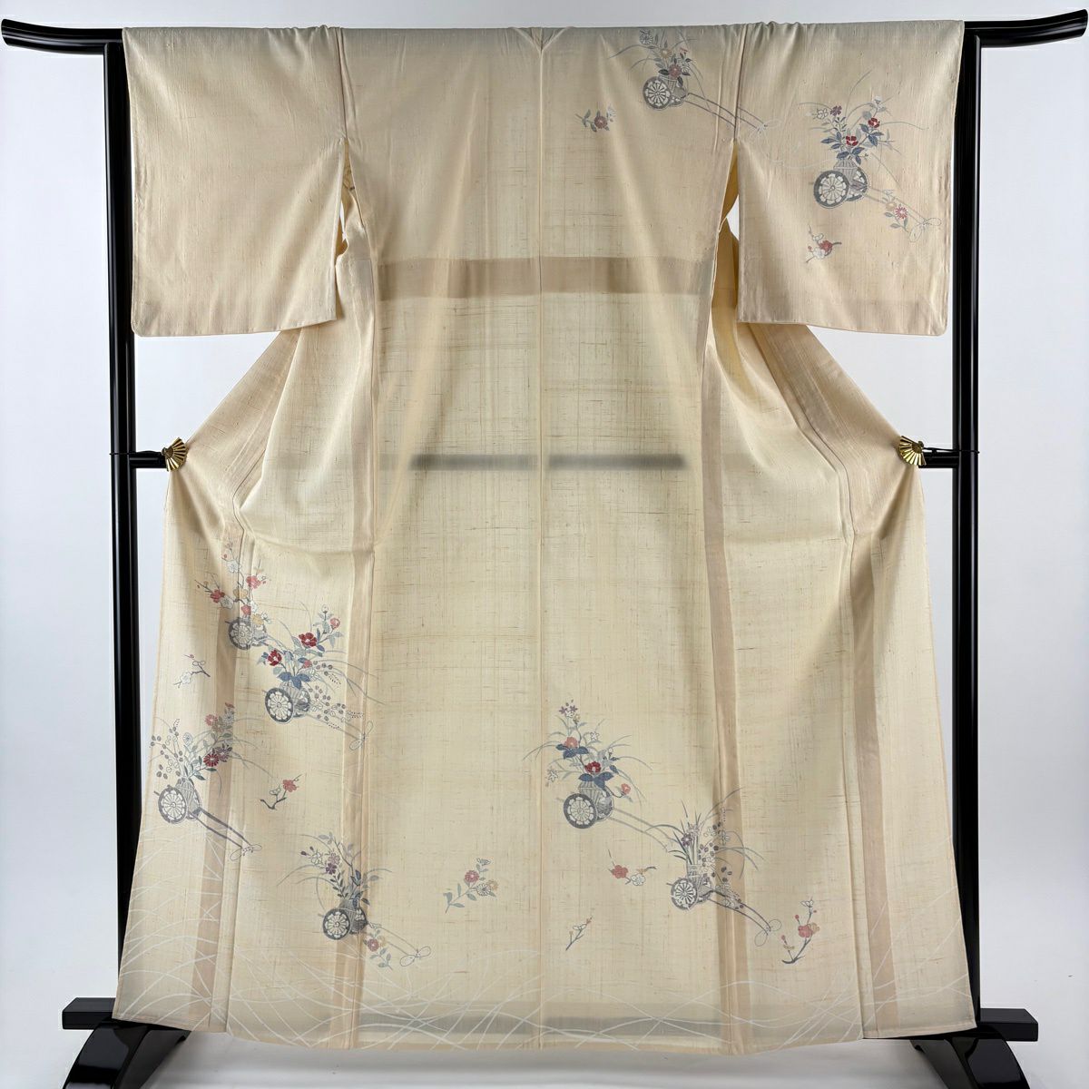 訪問服 身長163.5cm 袖長64.5cm M 單層 紬織織 花車 枝梅花 金銀彩 米色 純蠶絲 優品級
