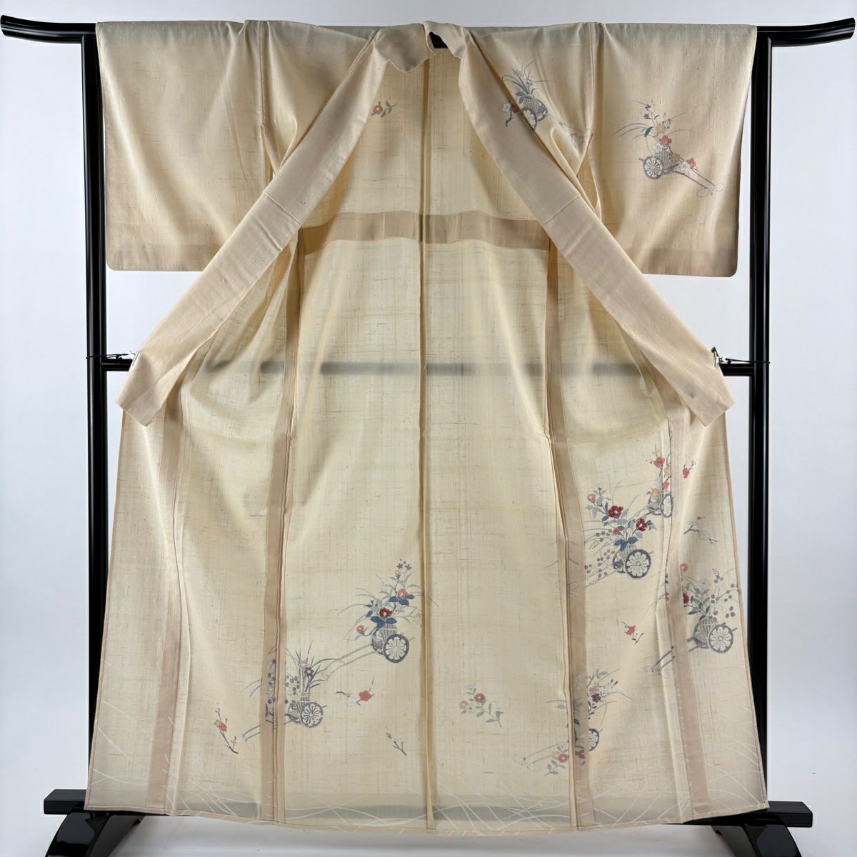 訪問服 身長163.5cm 袖長64.5cm M 單層 紬織織 花車 枝梅花 金銀彩 米色 純蠶絲 優品級