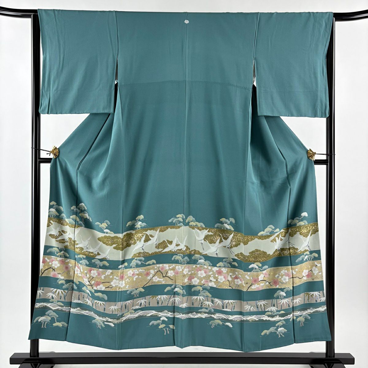 色留袖禮服 身長153.5cm 袖長64.5cm M 雙層 松樹竹子梅花 仙鶴 金銀彩 青綠 純蠶絲 秀品級 一つ紋
