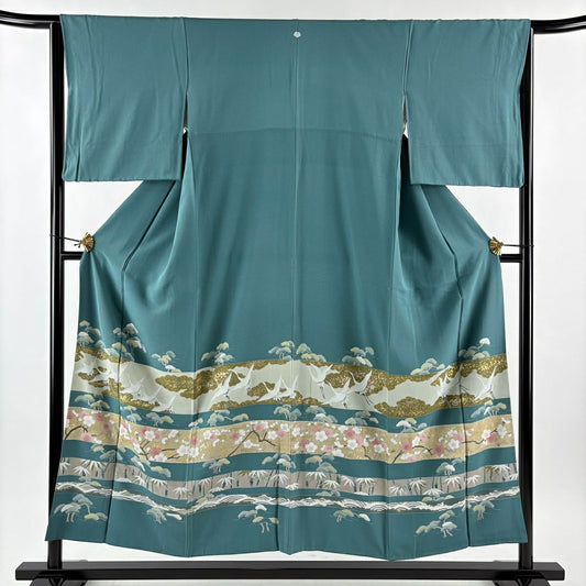 色留袖禮服 身長153.5cm 袖長64.5cm M 雙層 松樹竹子梅花 仙鶴 金銀彩 青綠 純蠶絲 秀品級 一つ紋
