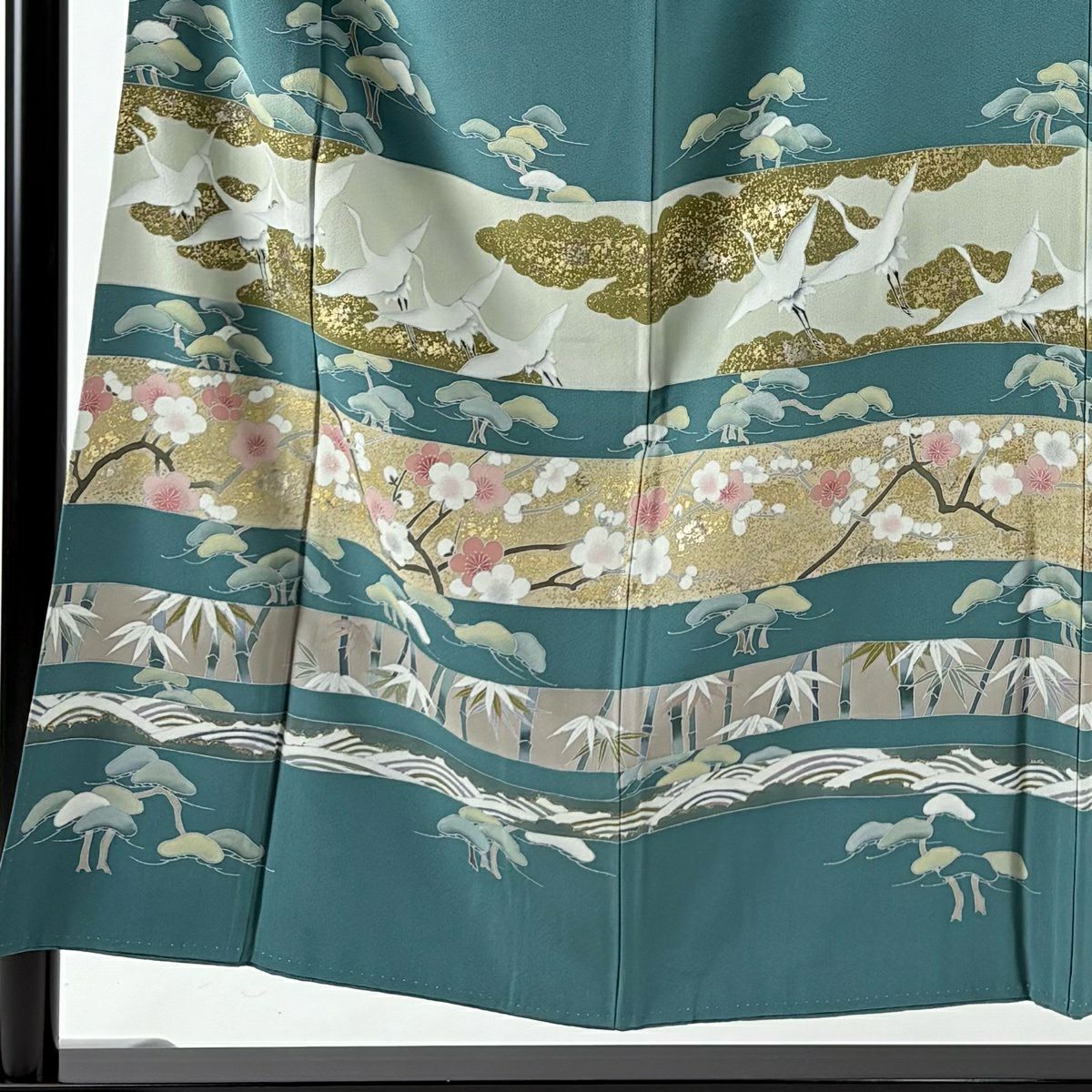 色留袖禮服 身長153.5cm 袖長64.5cm M 雙層 松樹竹子梅花 仙鶴 金銀彩 青綠 純蠶絲 秀品級 一つ紋