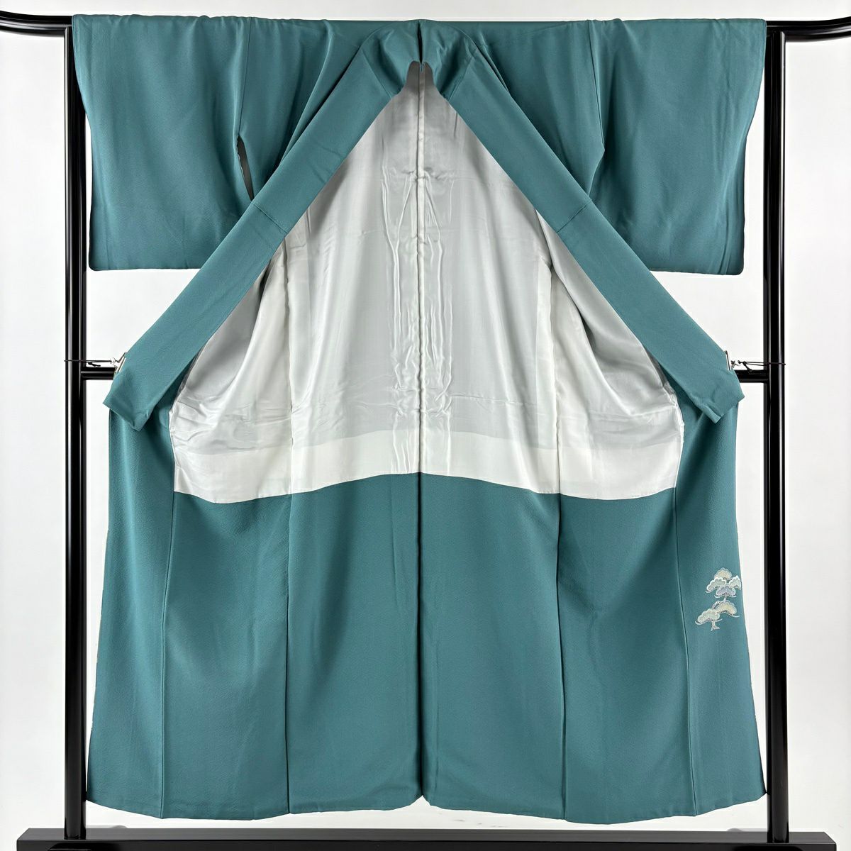 色留袖禮服 身長153.5cm 袖長64.5cm M 雙層 松樹竹子梅花 仙鶴 金銀彩 青綠 純蠶絲 秀品級 一つ紋