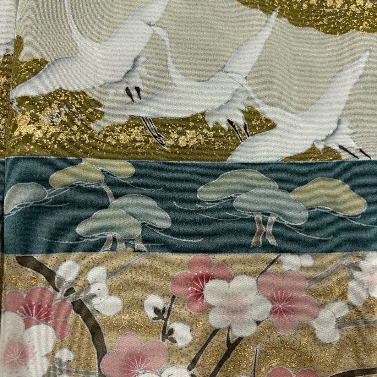 色留袖禮服 身長153.5cm 袖長64.5cm M 雙層 松樹竹子梅花 仙鶴 金銀彩 青綠 純蠶絲 秀品級 一つ紋