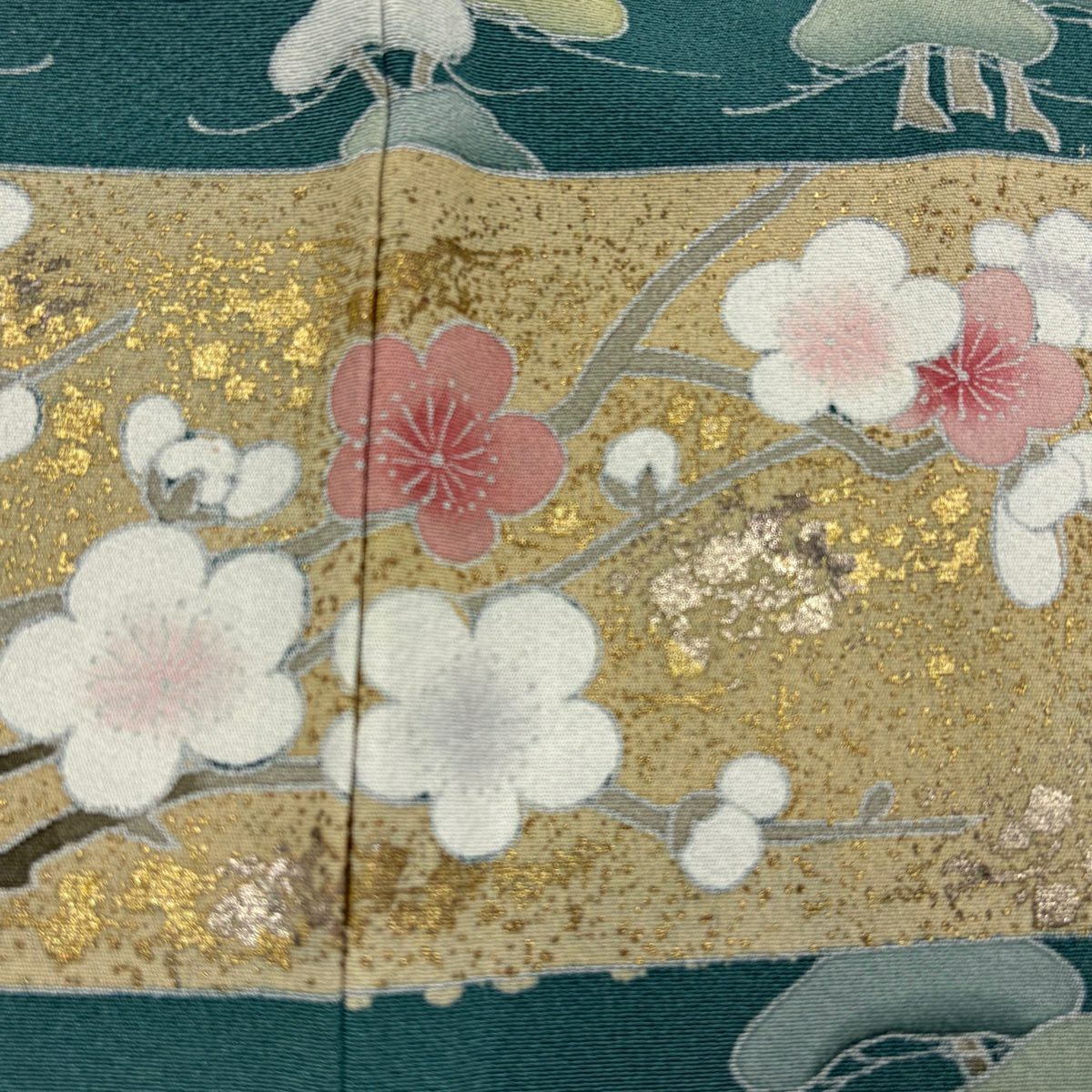 色留袖禮服 身長153.5cm 袖長64.5cm M 雙層 松樹竹子梅花 仙鶴 金銀彩 青綠 純蠶絲 秀品級 一つ紋