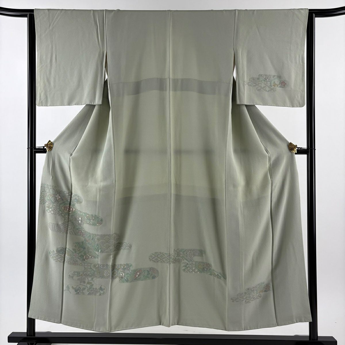 付下 身長152cm 袖長64cm M 雙層 草花紋紋 霞 汕頭刺繡 灰綠 純蠶絲 秀品級