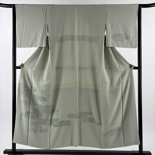 付下 身長152cm 袖長64cm M 雙層 草花紋紋 霞 汕頭刺繡 灰綠 純蠶絲 秀品級