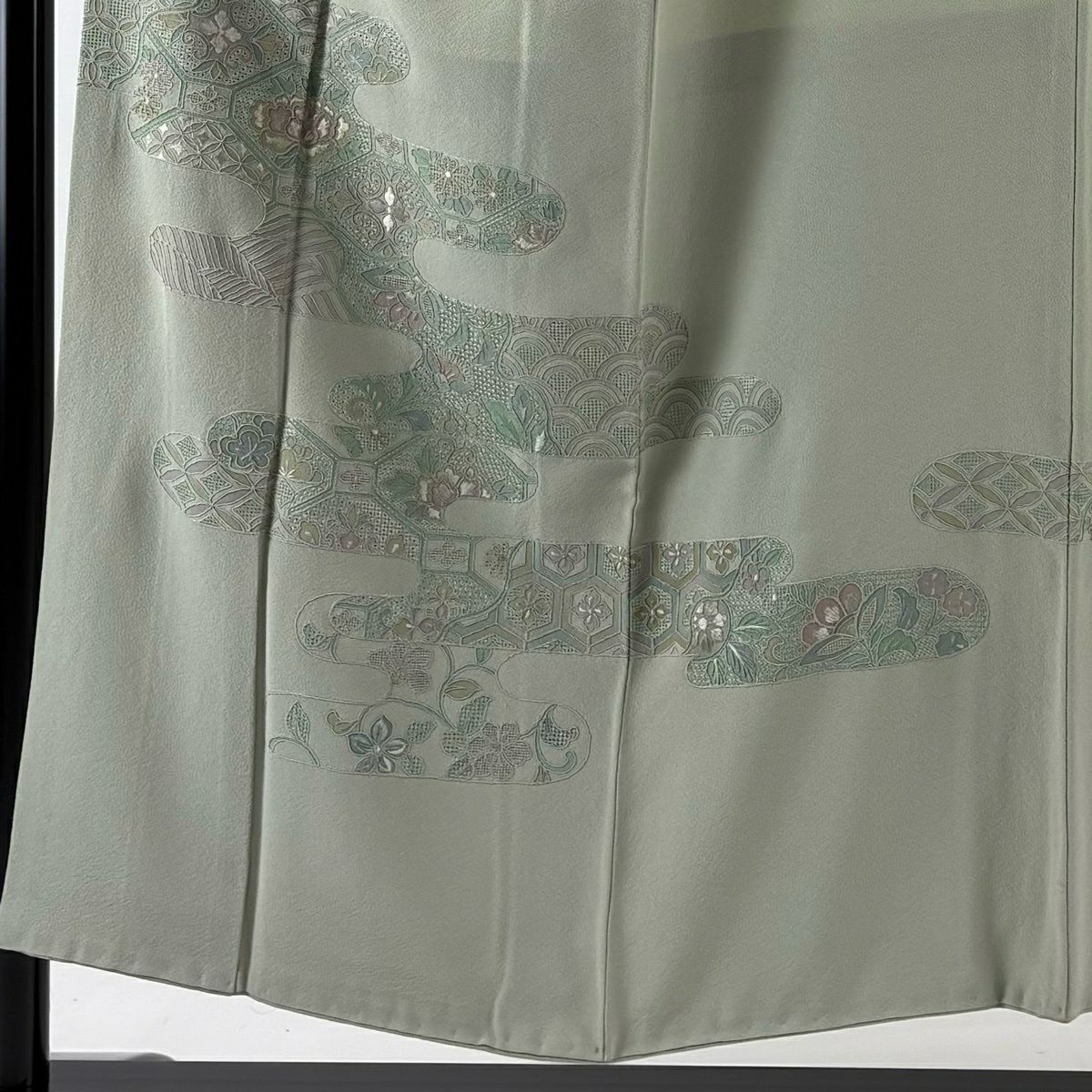 付下 身長152cm 袖長64cm M 雙層 草花紋紋 霞 汕頭刺繡 灰綠 純蠶絲 秀品級