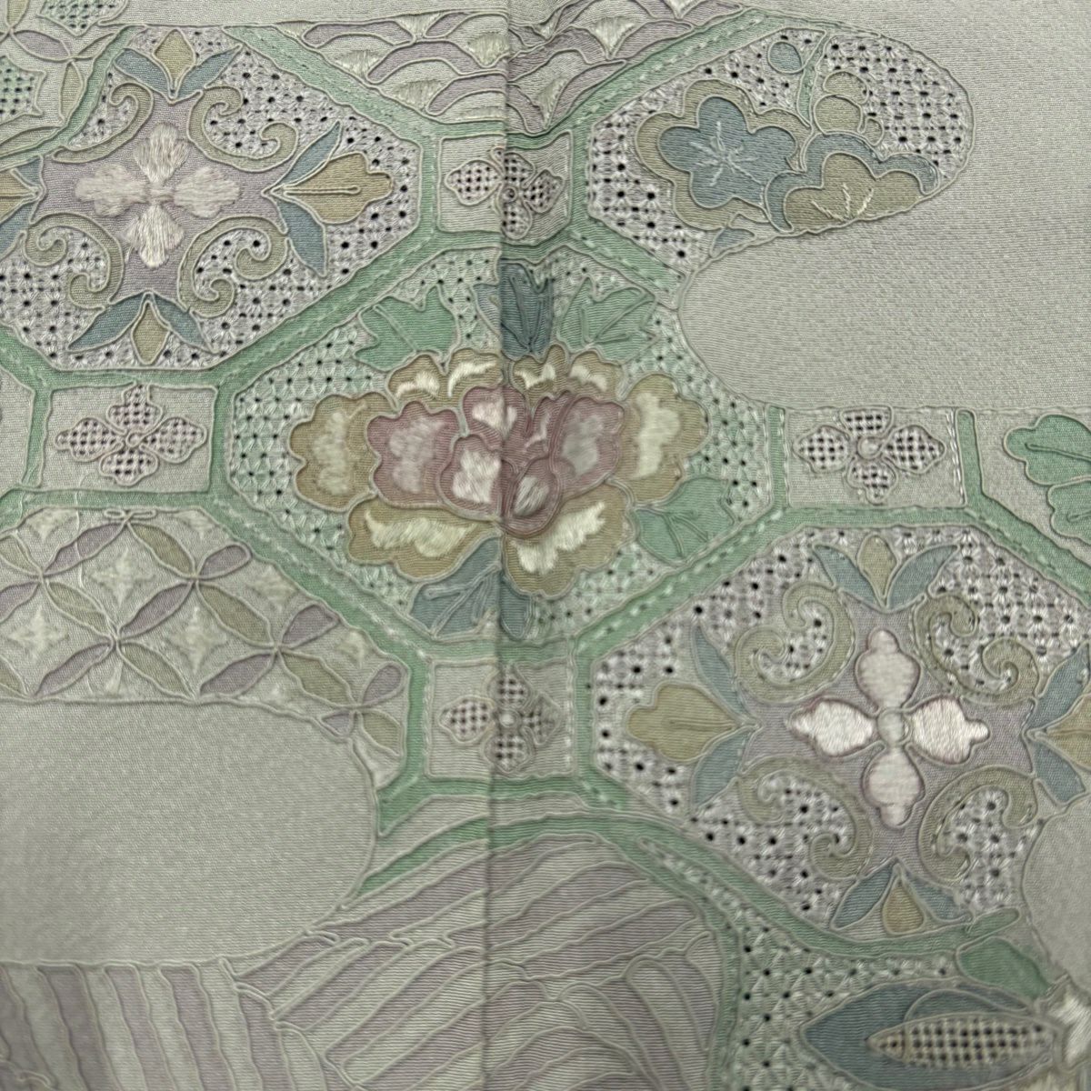 付下 身長152cm 袖長64cm M 雙層 草花紋紋 霞 汕頭刺繡 灰綠 純蠶絲 秀品級