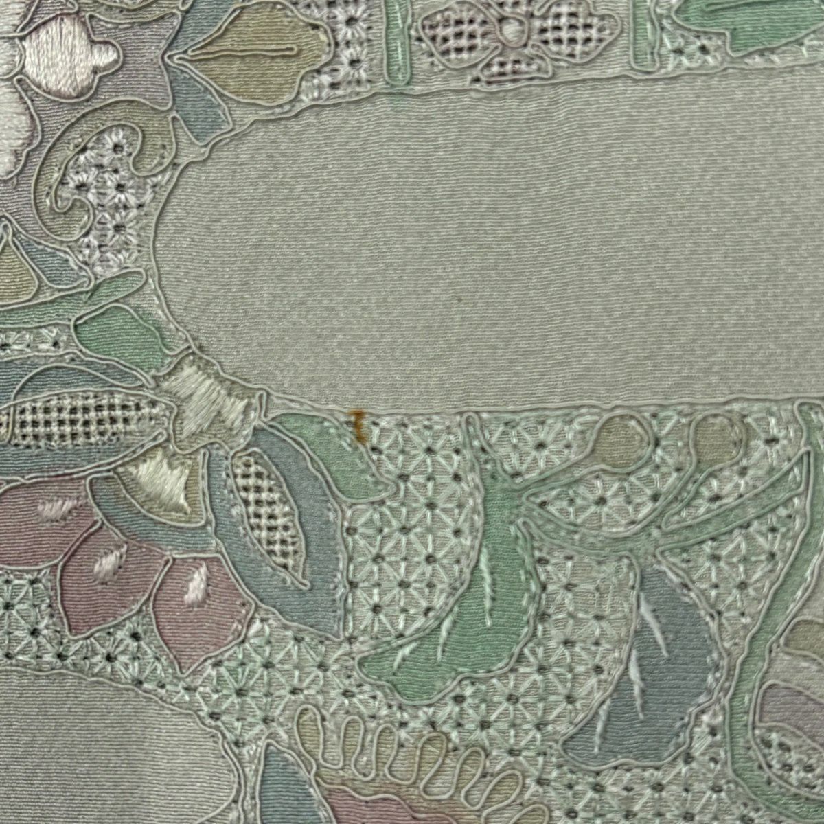 付下 身長152cm 袖長64cm M 雙層 草花紋紋 霞 汕頭刺繡 灰綠 純蠶絲 秀品級