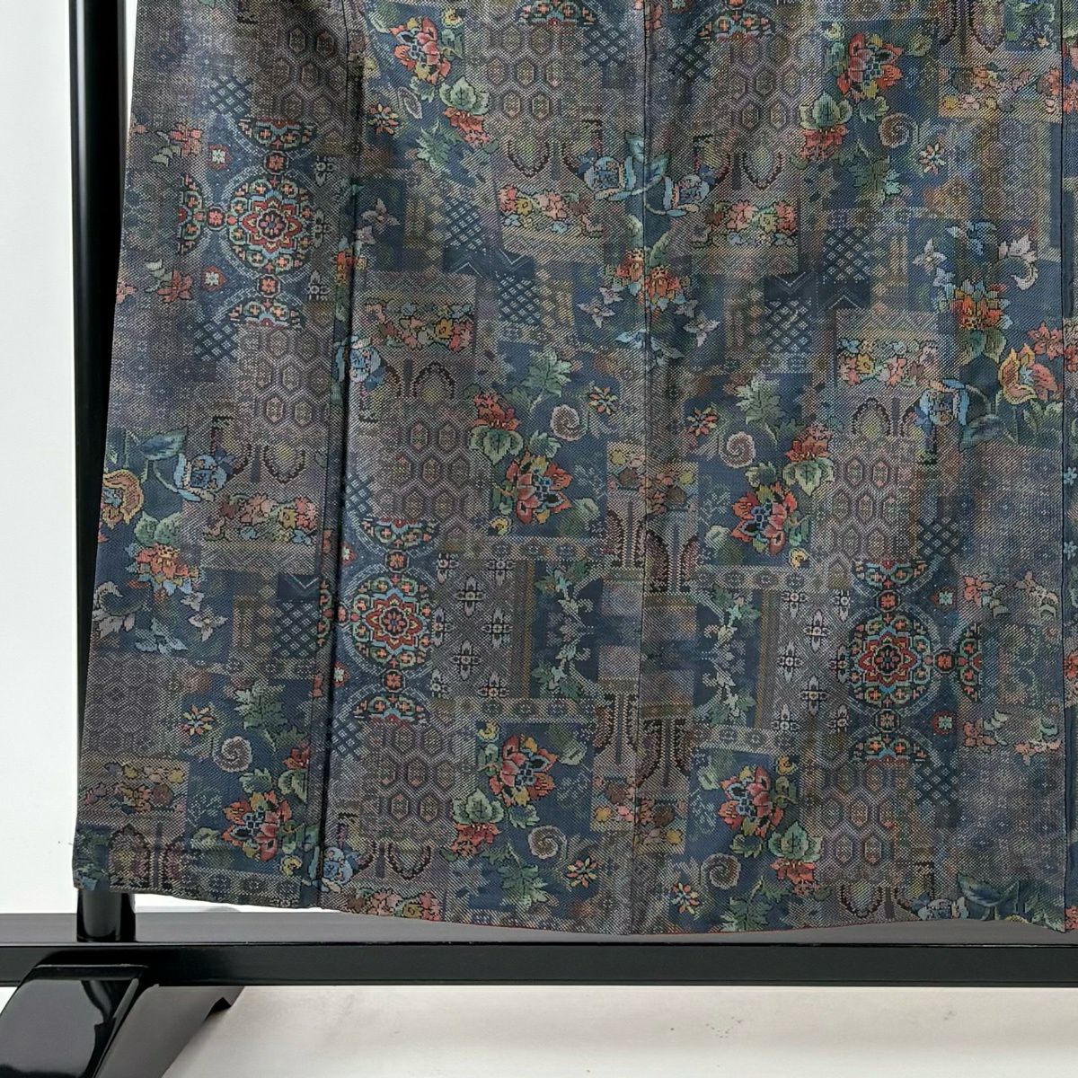 紬織 身長159cm 袖長65cm M 雙層 華紋 草花紋紋 深綠 純蠶絲 名品級