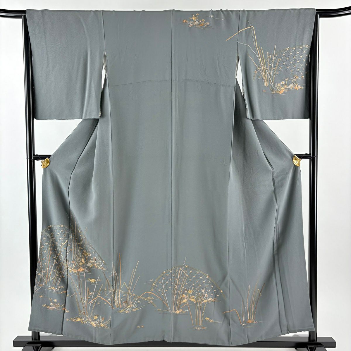 訪問服 身長157cm 袖長65cm M 雙層 大和 草花紋紋 木賊刺繡 金線 灰色 純蠶絲 名品級