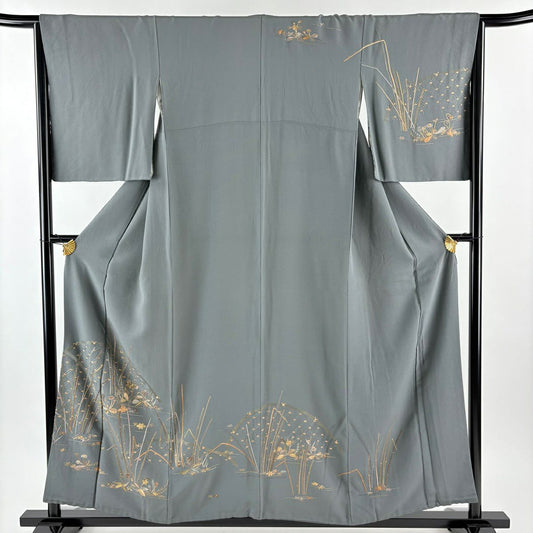 訪問服 身長157cm 袖長65cm M 雙層 大和 草花紋紋 木賊刺繡 金線 灰色 純蠶絲 名品級
