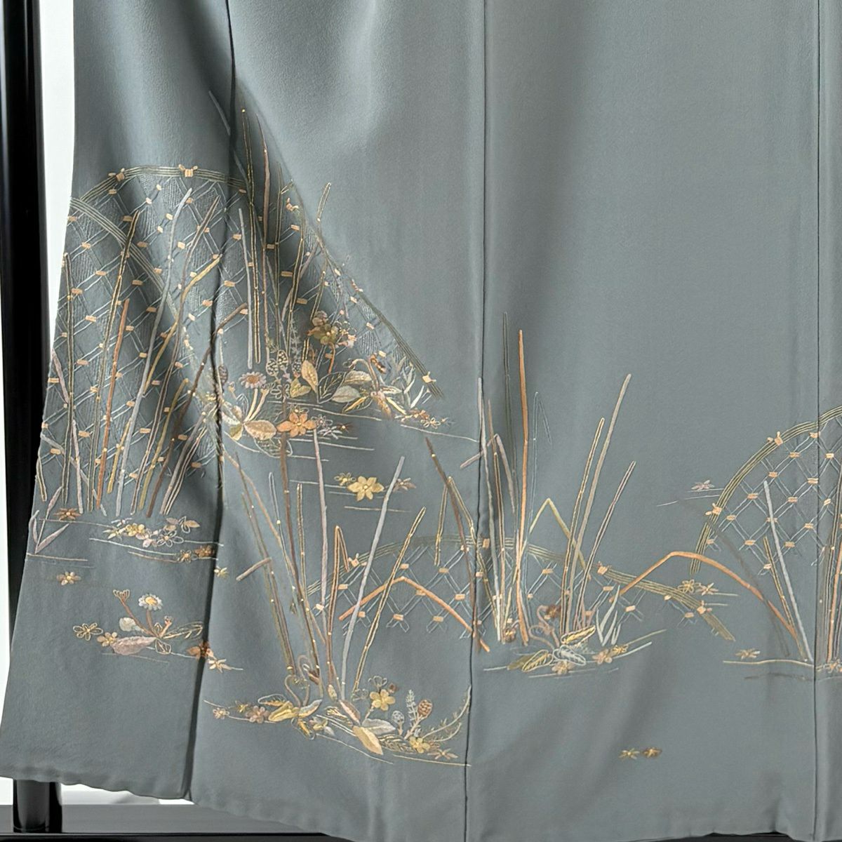 訪問服 身長157cm 袖長65cm M 雙層 大和 草花紋紋 木賊刺繡 金線 灰色 純蠶絲 名品級