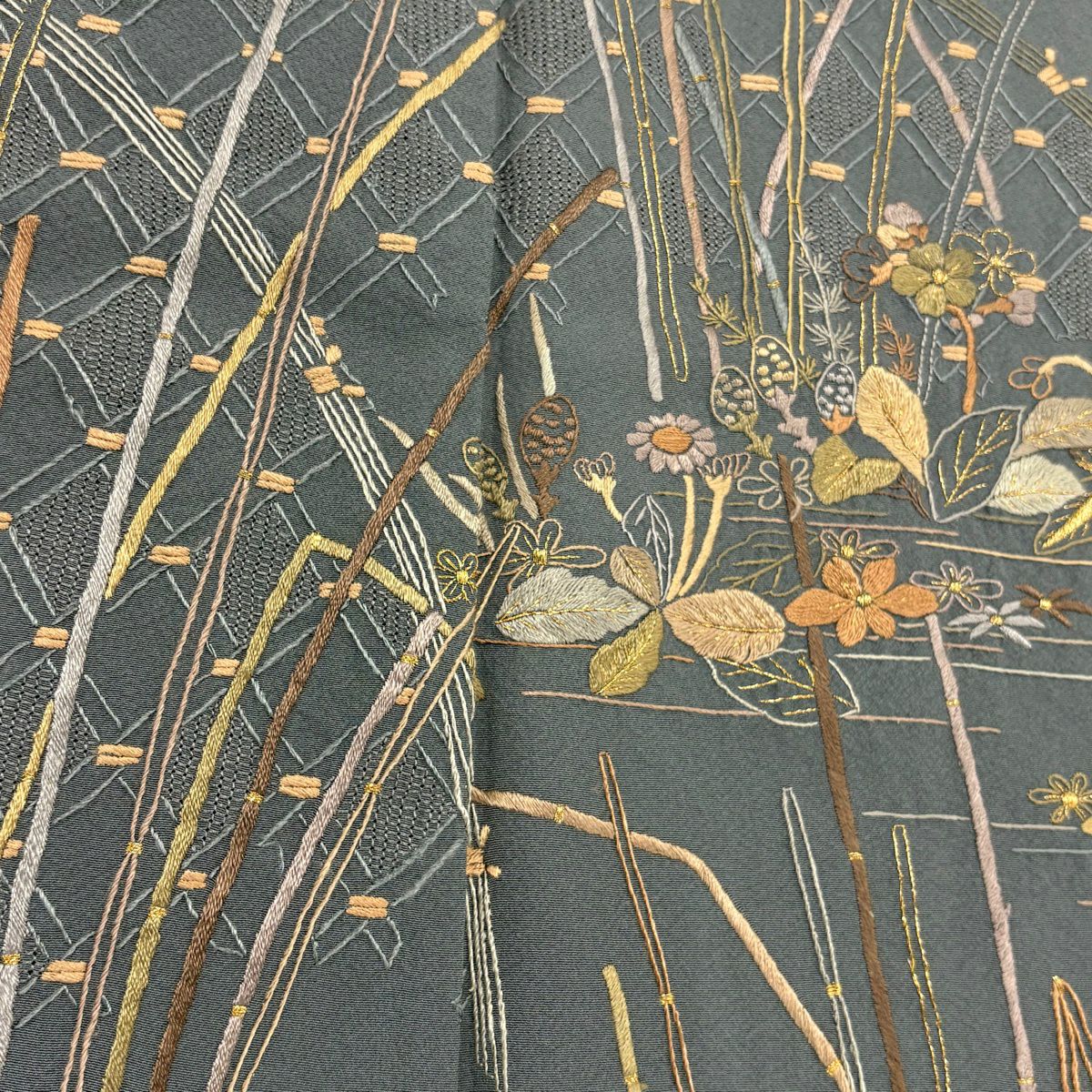 訪問服 身長157cm 袖長65cm M 雙層 大和 草花紋紋 木賊刺繡 金線 灰色 純蠶絲 名品級