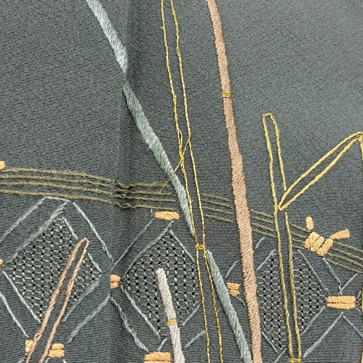 訪問服 身長157cm 袖長65cm M 雙層 大和 草花紋紋 木賊刺繡 金線 灰色 純蠶絲 名品級