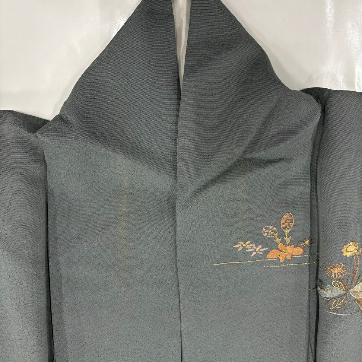訪問服 身長157cm 袖長65cm M 雙層 大和 草花紋紋 木賊刺繡 金線 灰色 純蠶絲 名品級