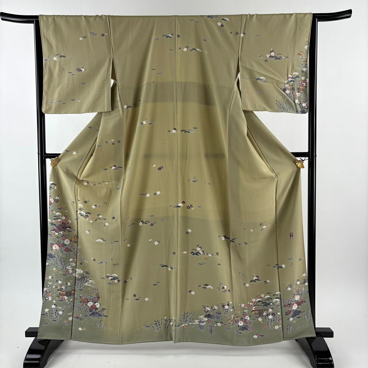 【美品】訪問服 身長163cm 袖長66cm M 雙層 落款あり 松樹竹子梅花 家屋 漸層 鶯色 純蠶絲 名品級