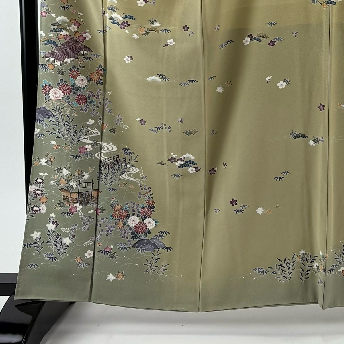 【美品】訪問服 身長163cm 袖長66cm M 雙層 落款あり 松樹竹子梅花 家屋 漸層 鶯色 純蠶絲 名品級