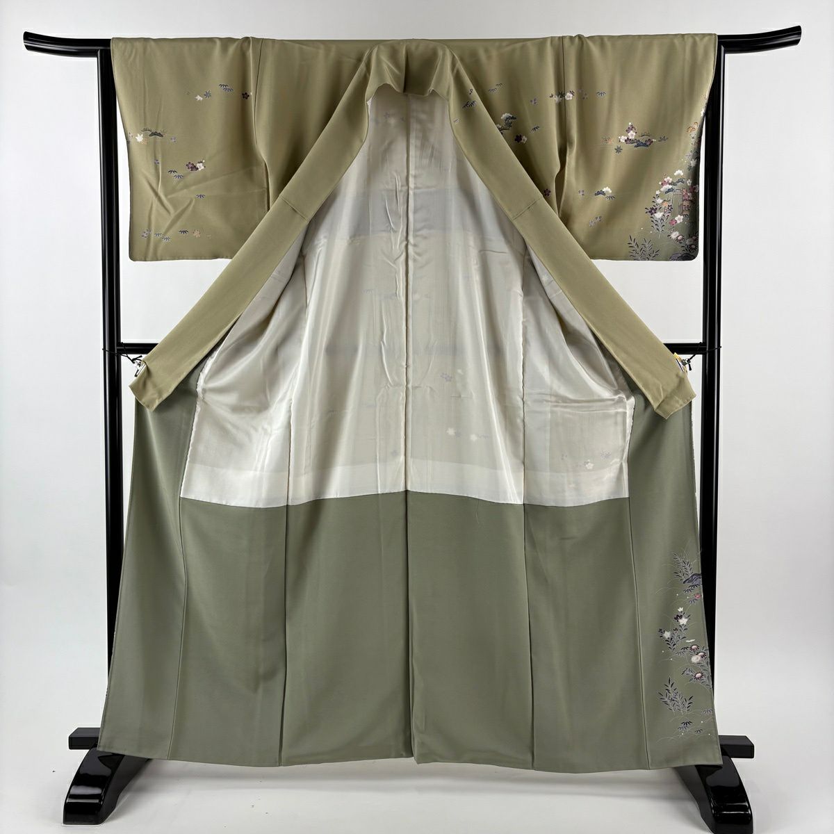 【美品】訪問服 身長163cm 袖長66cm M 雙層 落款あり 松樹竹子梅花 家屋 漸層 鶯色 純蠶絲 名品級
