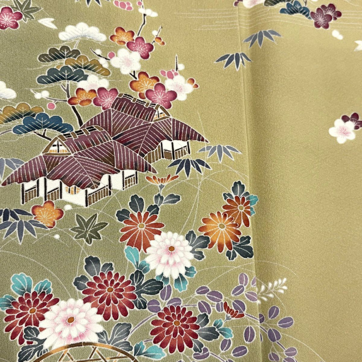 【美品】訪問服 身長163cm 袖長66cm M 雙層 落款あり 松樹竹子梅花 家屋 漸層 鶯色 純蠶絲 名品級
