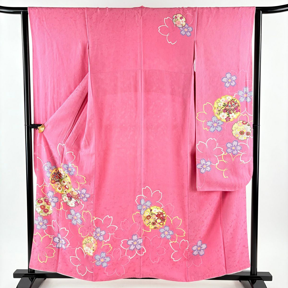 【美品】振袖禮服 身長158cm 袖長64.5cm M 雙層 雪輪 櫻花 金銀彩 粉紅 純蠶絲 名品級