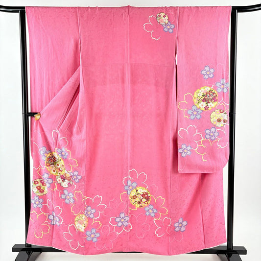 【美品】振袖禮服 身長158cm 袖長64.5cm M 雙層 雪輪 櫻花 金銀彩 粉紅 純蠶絲 名品級