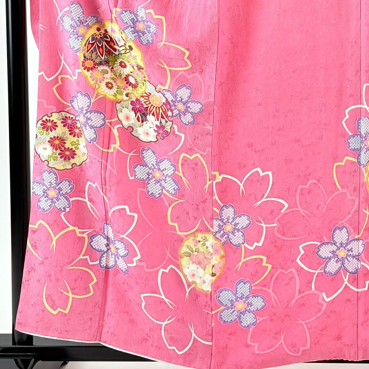 【美品】振袖禮服 身長158cm 袖長64.5cm M 雙層 雪輪 櫻花 金銀彩 粉紅 純蠶絲 名品級