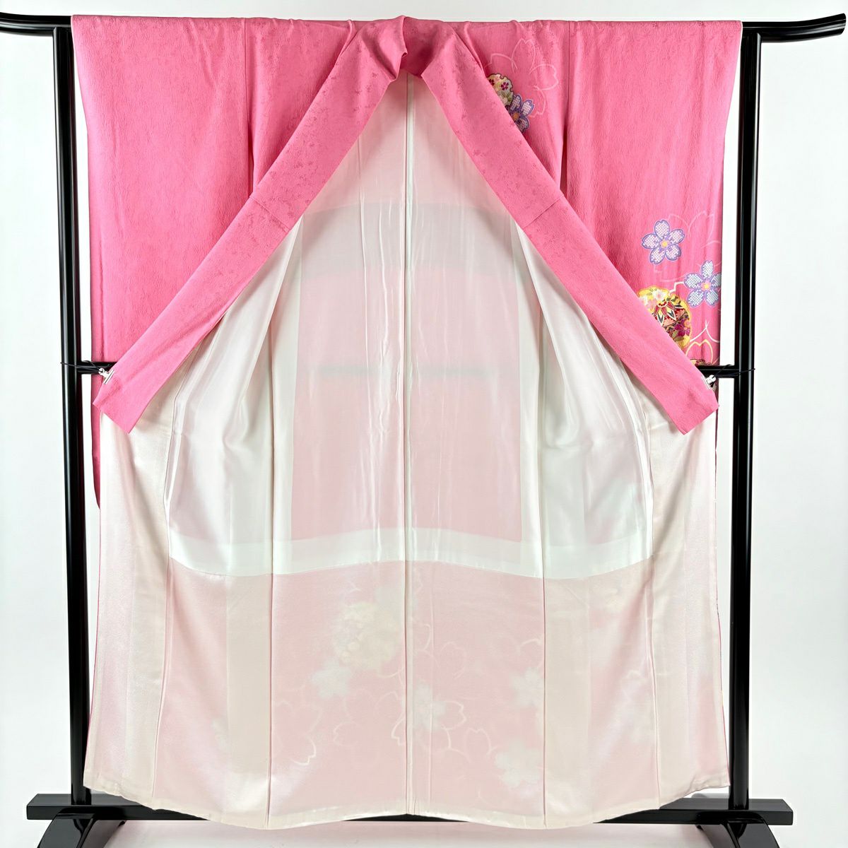 【美品】振袖禮服 身長158cm 袖長64.5cm M 雙層 雪輪 櫻花 金銀彩 粉紅 純蠶絲 名品級