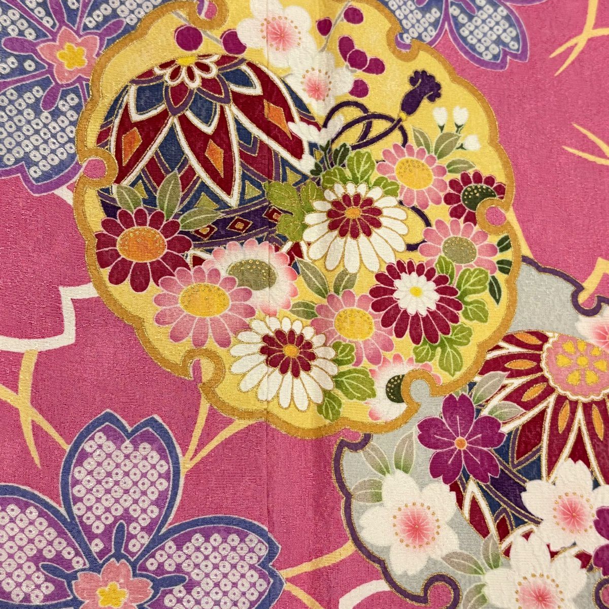 【美品】振袖禮服 身長158cm 袖長64.5cm M 雙層 雪輪 櫻花 金銀彩 粉紅 純蠶絲 名品級