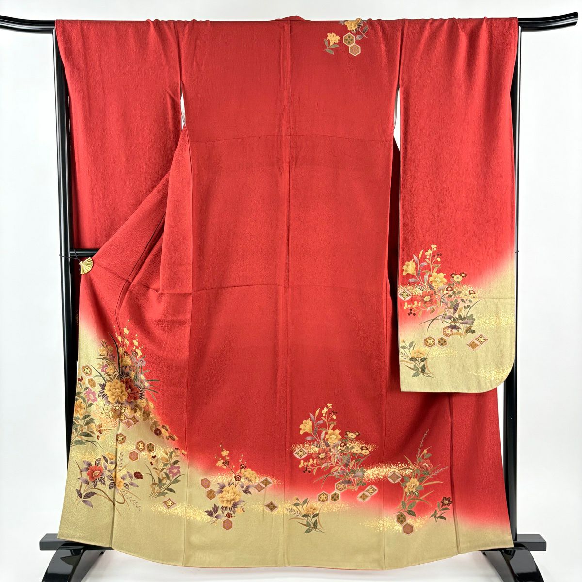 振袖禮服 身長164cm 袖長68cm L 雙層 花熨斗紋 龜甲 金銀彩 染分 紅 純蠶絲 名品級