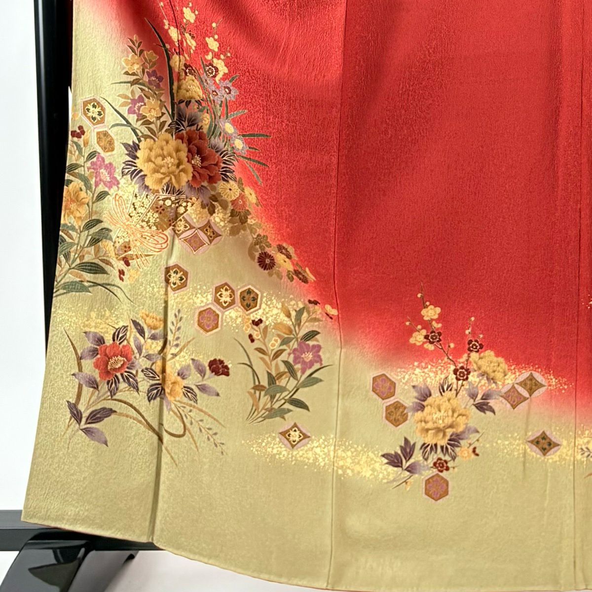 振袖禮服 身長164cm 袖長68cm L 雙層 花熨斗紋 龜甲 金銀彩 染分 紅 純蠶絲 名品級