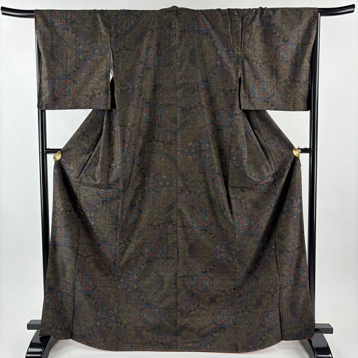 【美品】 紬織 身長169cm 袖長68.5cm L 雙層 草花紋紋 華紋 茶綠 純蠶絲 名品級