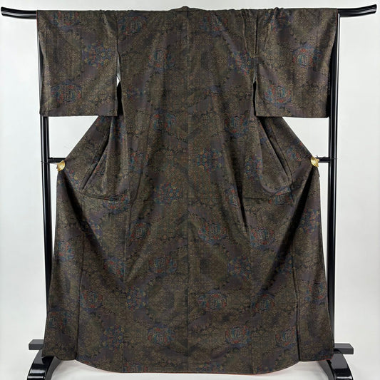 【美品】 紬織 身長169cm 袖長68.5cm L 雙層 草花紋紋 華紋 茶綠 純蠶絲 名品級