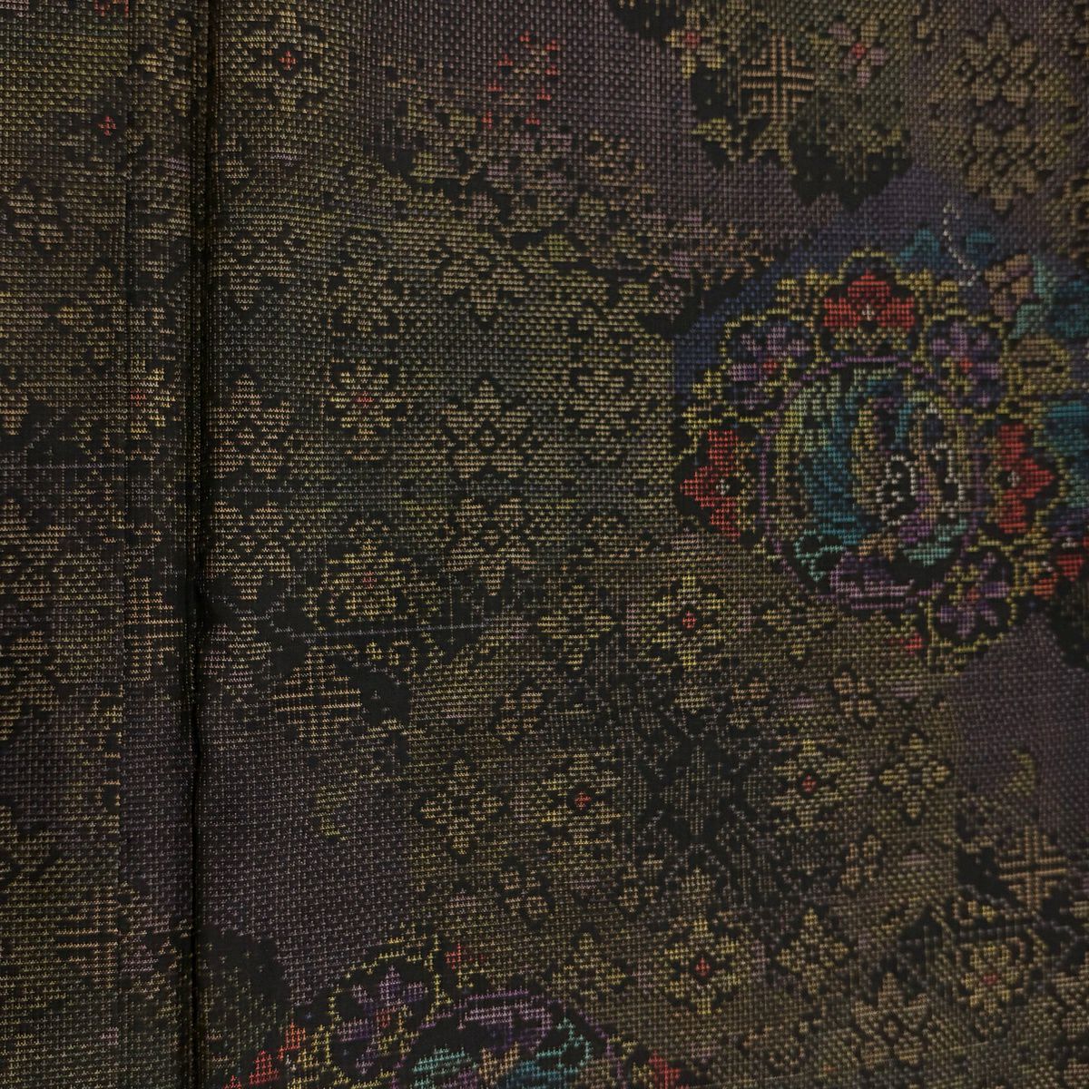 【美品】 紬織 身長169cm 袖長68.5cm L 雙層 草花紋紋 華紋 茶綠 純蠶絲 名品級