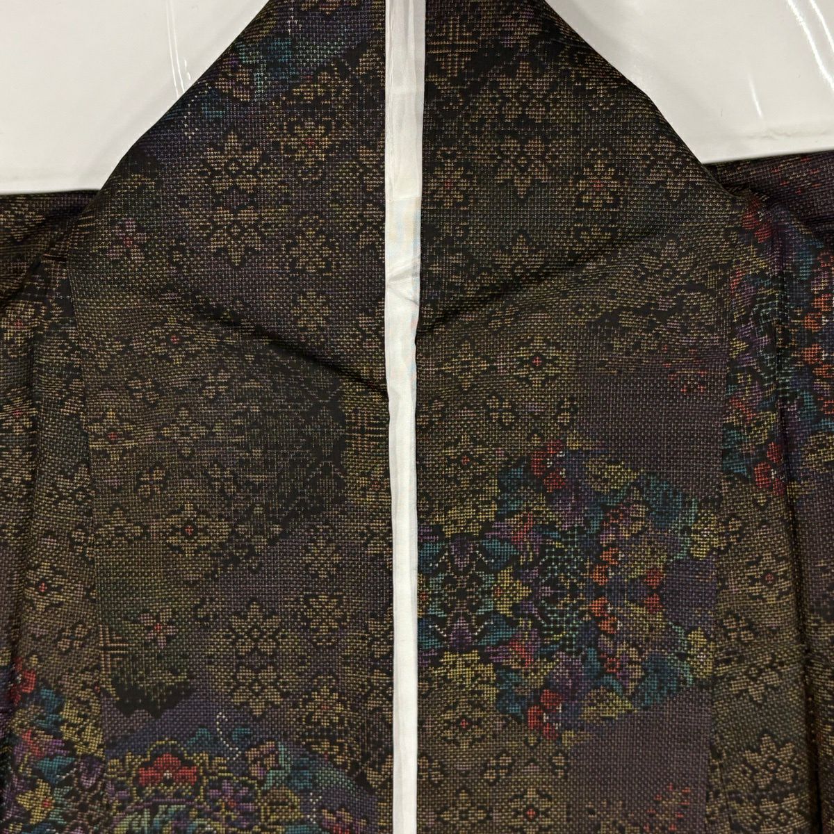 【美品】 紬織 身長169cm 袖長68.5cm L 雙層 草花紋紋 華紋 茶綠 純蠶絲 名品級