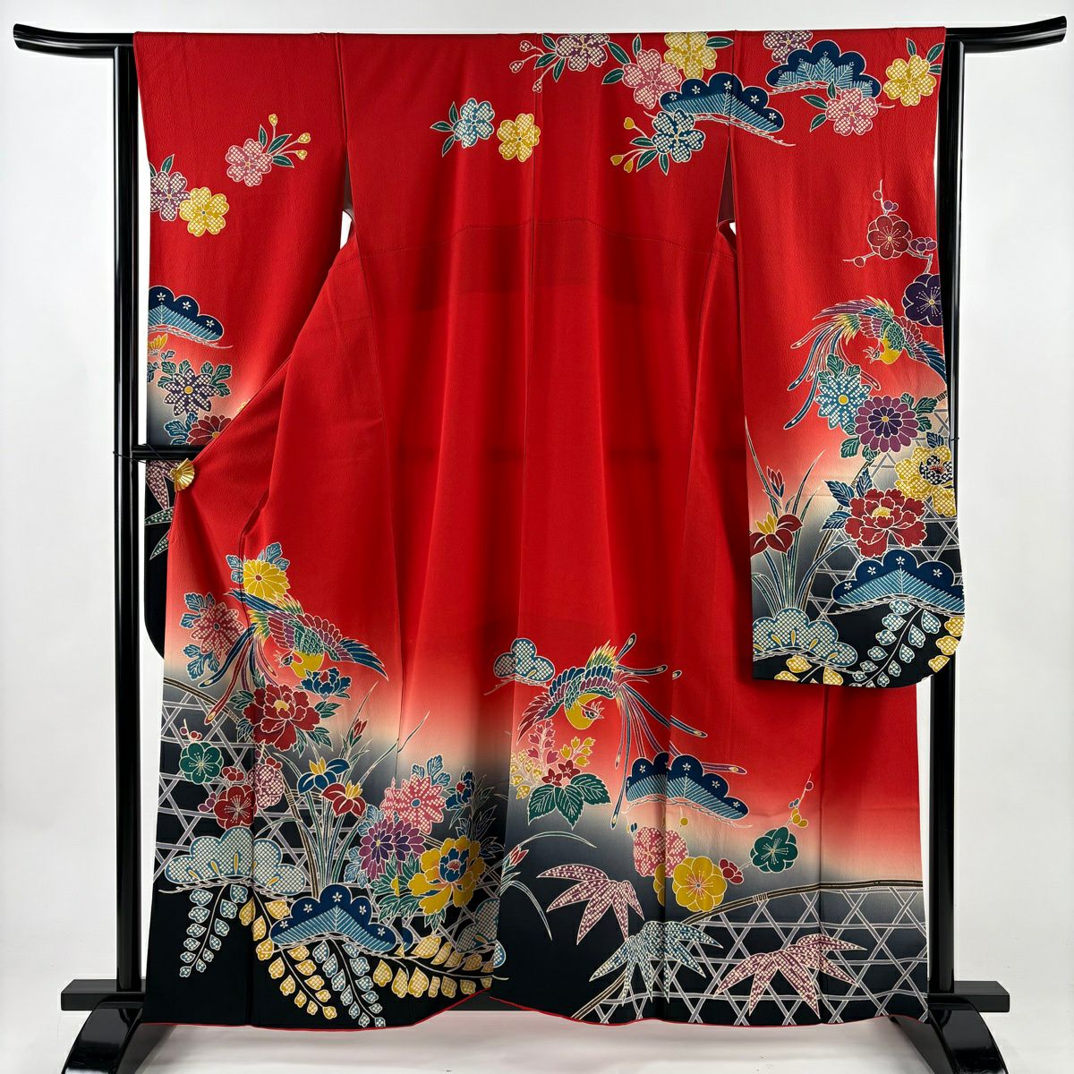 【美品】振袖禮服 身長161cm 袖長63.5cm S 雙層 鳳凰 牡丹 漸層 朱 純蠶絲 名品級