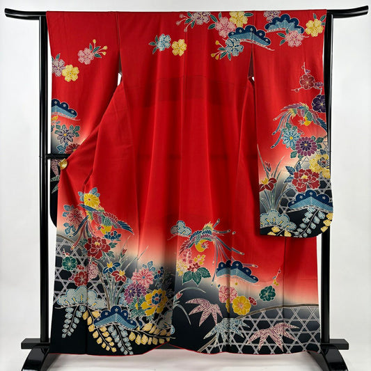 【美品】振袖禮服 身長161cm 袖長63.5cm S 雙層 鳳凰 牡丹 漸層 朱 純蠶絲 名品級