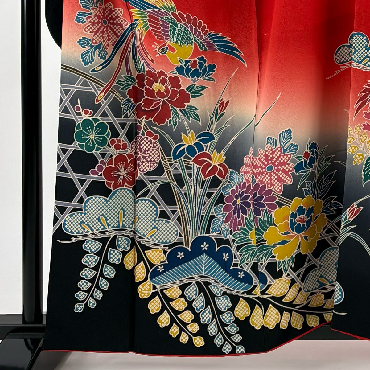 【美品】振袖禮服 身長161cm 袖長63.5cm S 雙層 鳳凰 牡丹 漸層 朱 純蠶絲 名品級
