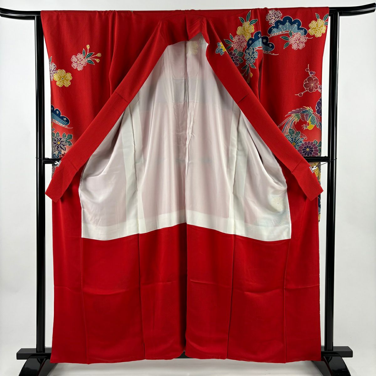【美品】振袖禮服 身長161cm 袖長63.5cm S 雙層 鳳凰 牡丹 漸層 朱 純蠶絲 名品級