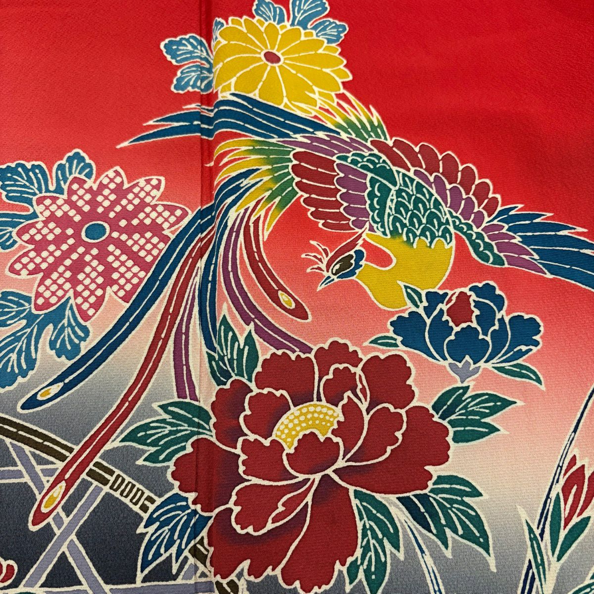【美品】振袖禮服 身長161cm 袖長63.5cm S 雙層 鳳凰 牡丹 漸層 朱 純蠶絲 名品級