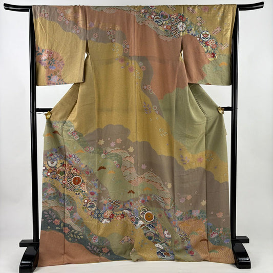 訪問服 身長172.5cm 袖長66.5cm M 雙層 松樹梅花 鎌倉紋 金絲 金銀彩 黃土 茶 純蠶絲 名品級