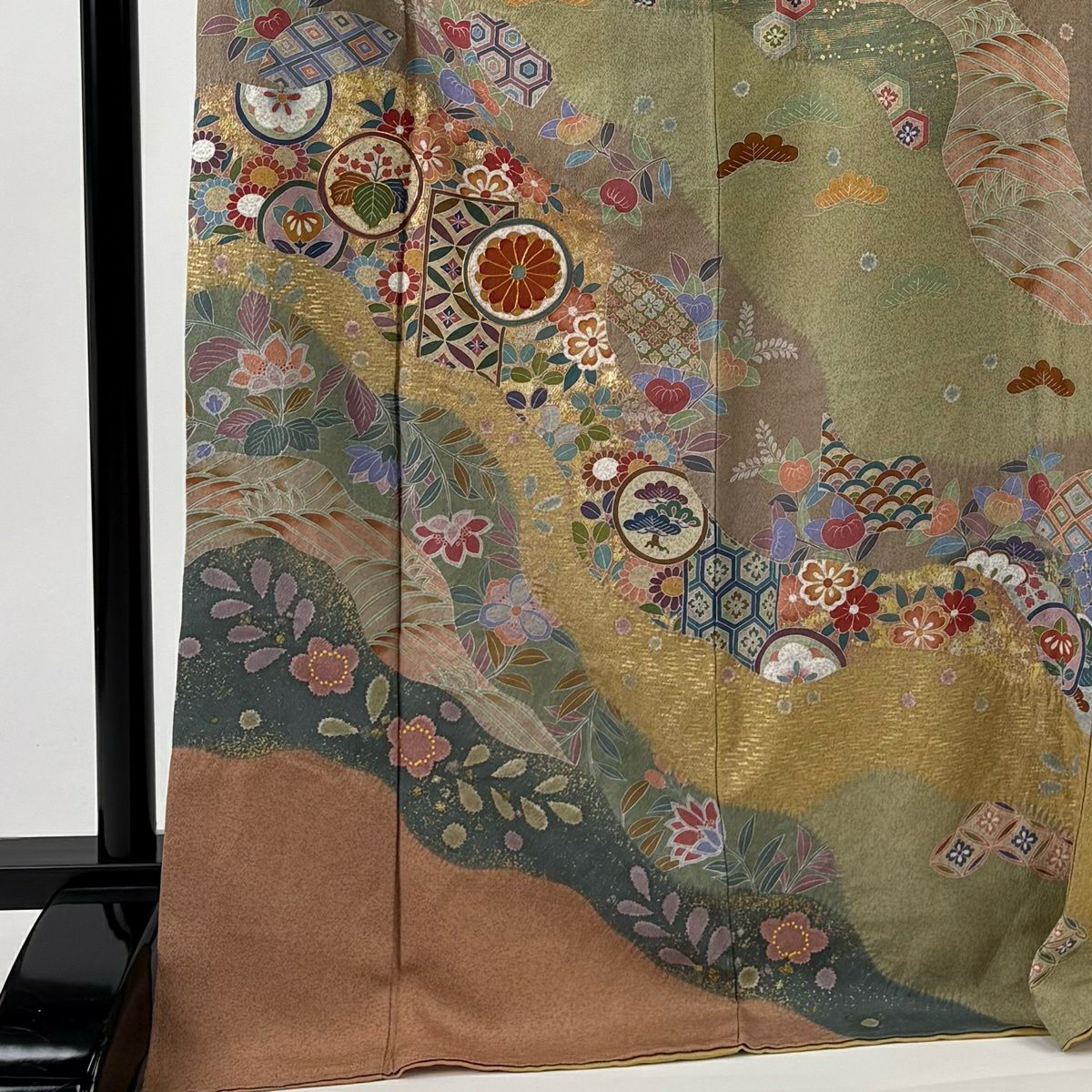 訪問服 身長172.5cm 袖長66.5cm M 雙層 松樹梅花 鎌倉紋 金絲 金銀彩 黃土 茶 純蠶絲 名品級