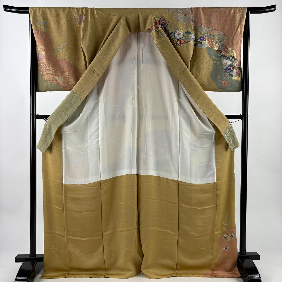 訪問服 身長172.5cm 袖長66.5cm M 雙層 松樹梅花 鎌倉紋 金絲 金銀彩 黃土 茶 純蠶絲 名品級