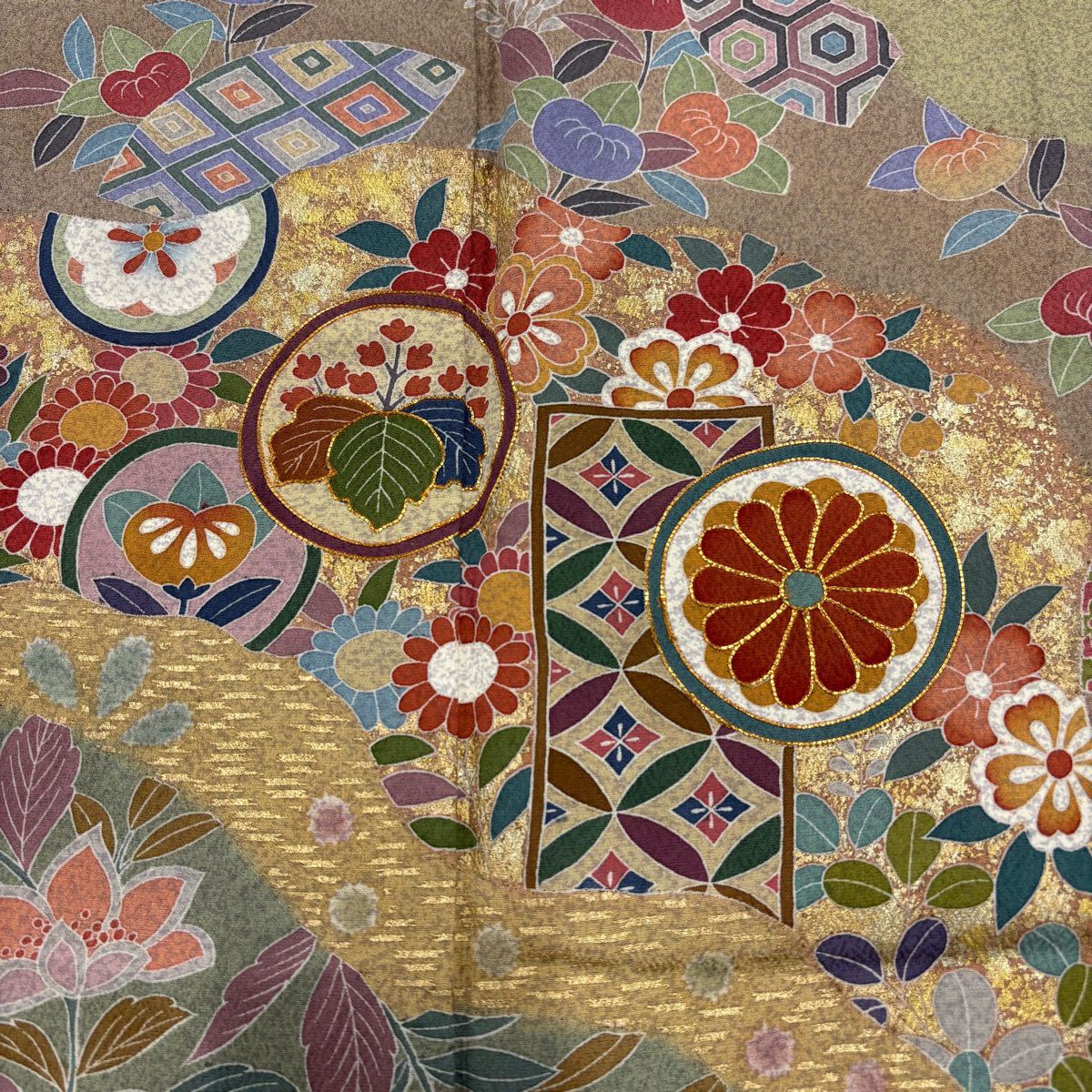 訪問服 身長172.5cm 袖長66.5cm M 雙層 松樹梅花 鎌倉紋 金絲 金銀彩 黃土 茶 純蠶絲 名品級