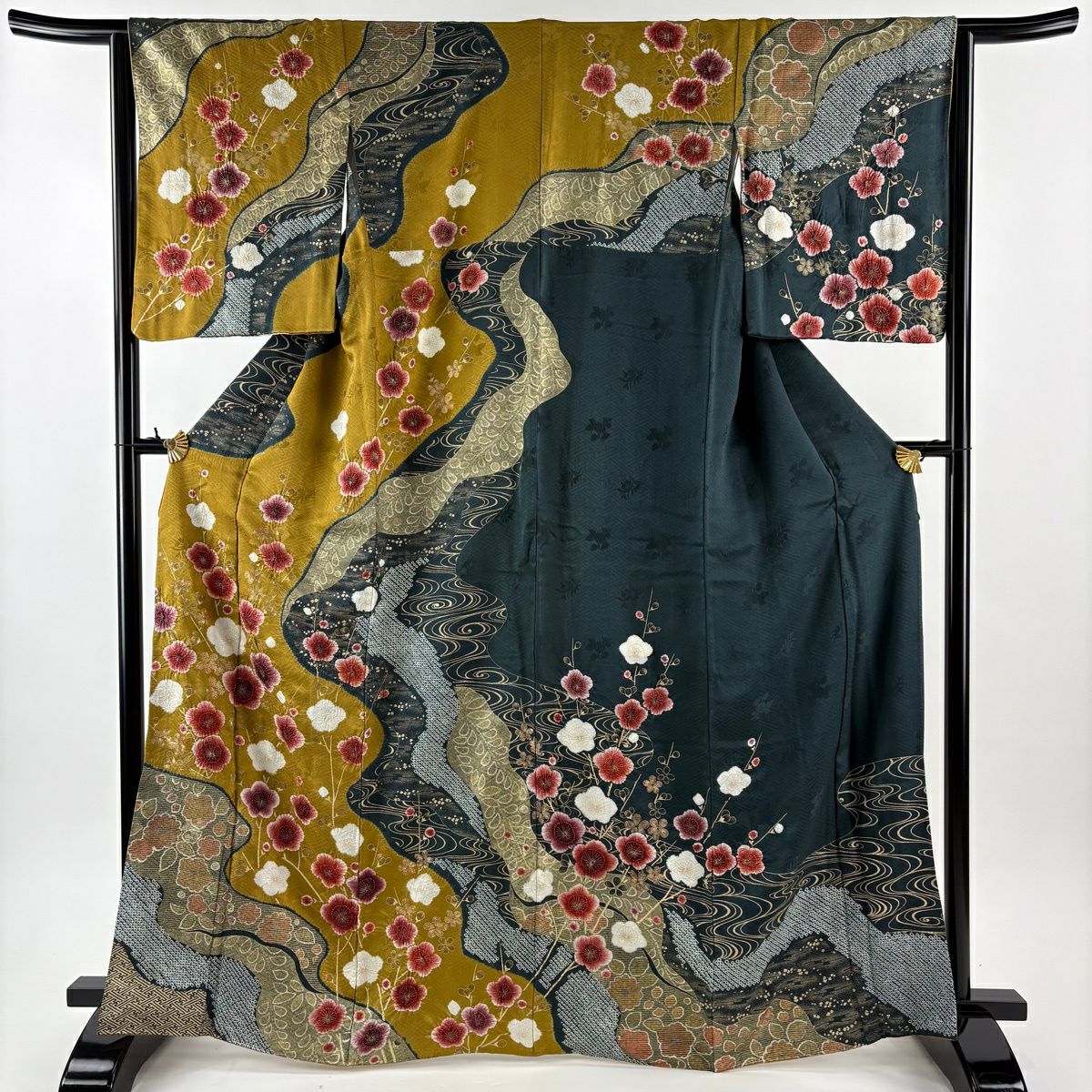 【美品】訪問服 身長167cm 袖長63cm S 雙層 霞 梅花 絞染 金彩裝飾 山吹茶 純蠶絲 名品級